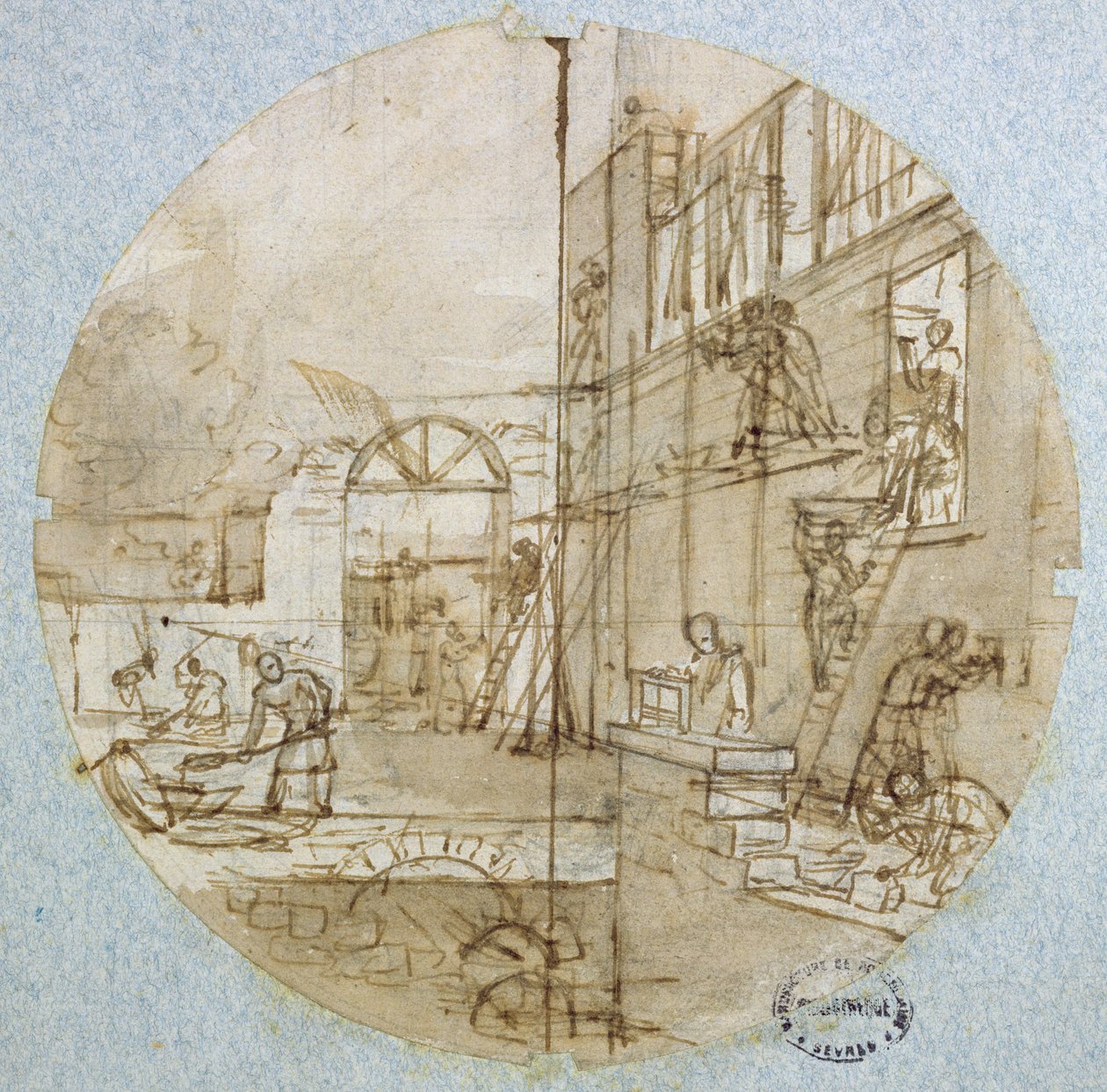 Murerværkstedet, pladedesign til en tjeneste, der afbilder forskellige håndværk, ca. 1820-35 (pen og blæk og vask og gouache på papir) af Jean Charles Develly