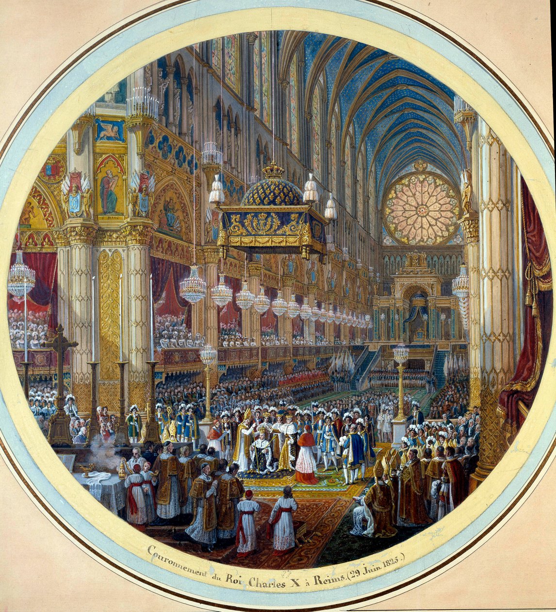 Kroningen af Charles X (1757-1836) i katedralen i Reims 28/05/1825 Maling af en akvarel til et gueridonprojekt af Jean Charles Develly (1783-1862) 1825 Diam. 0,37m. Sevres. Porcelænsfremstilling af Jean Charles Develly