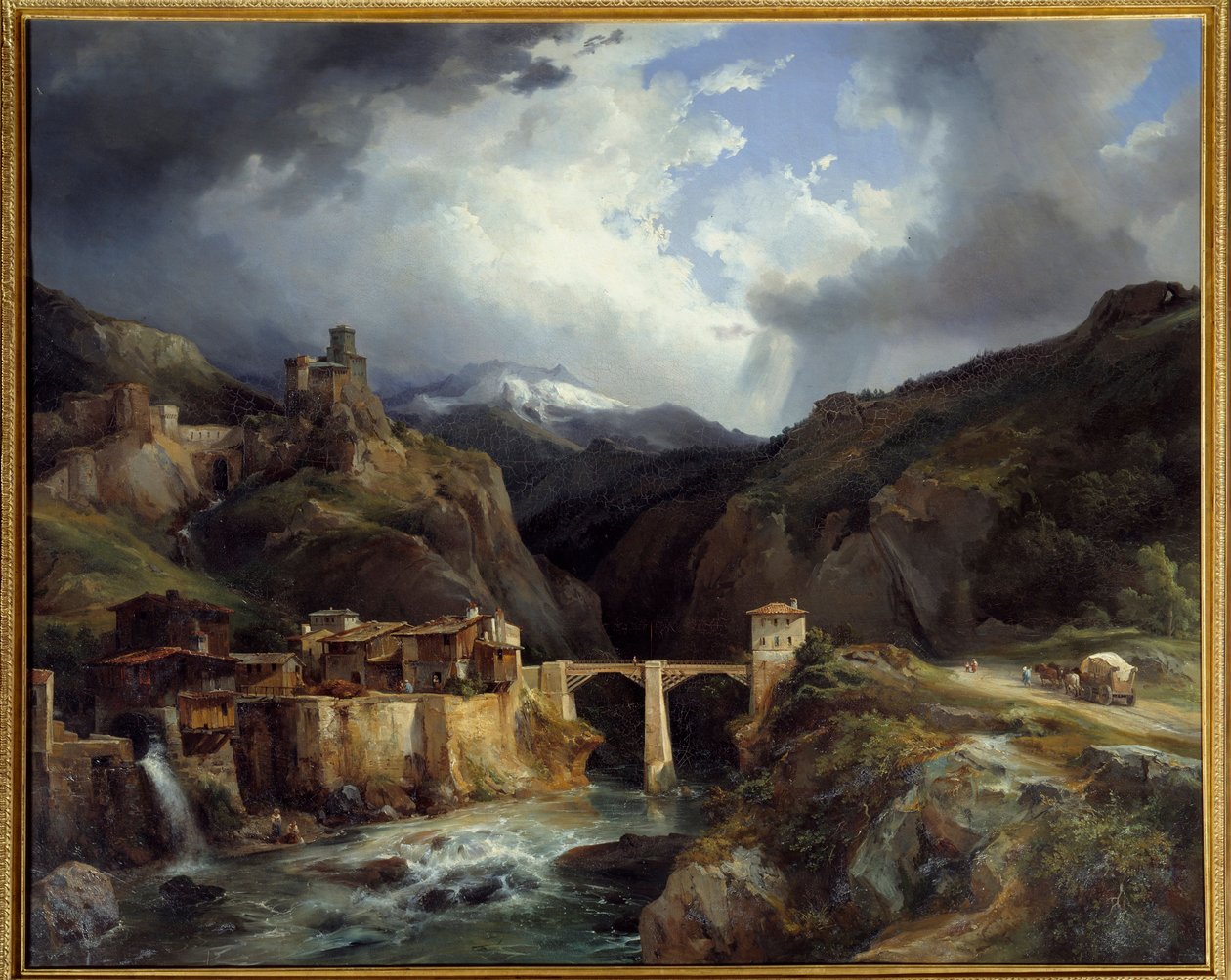 Landsby og bro over Crevola på Simplon-vejen. Maleri af Jean Charles Remond (1795-1875) af Jean Charles Joseph Rémond