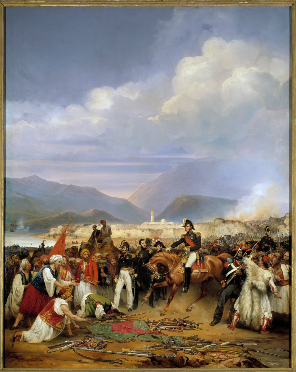 Græsk uafhængighedskrig (1828-1833): "" Generalhuset modtager overgivelsen af slottet Moree den 30. oktober 1828"" Episode af Moree-ekspeditionen (1828-1832) på Peloponnes. Maleri af Jean Charles Langlois (1789-1870) 1836 søn. 2,72x1,92 af Jean Charles Langlois