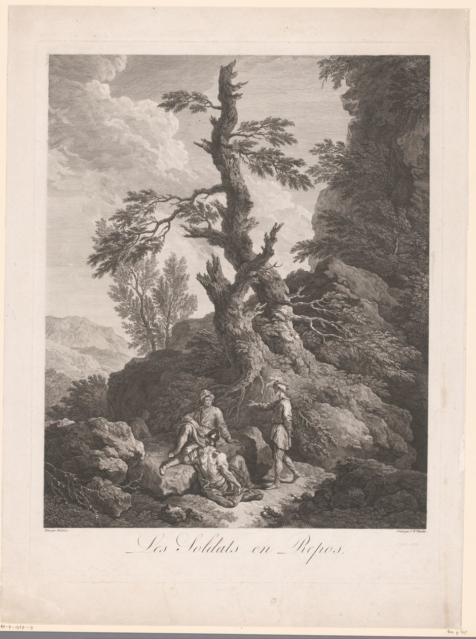 Soldater hviler foran et træ i et klippelandskab Les soldats en repos (titel på objekt) af Jean Charles Levasseur