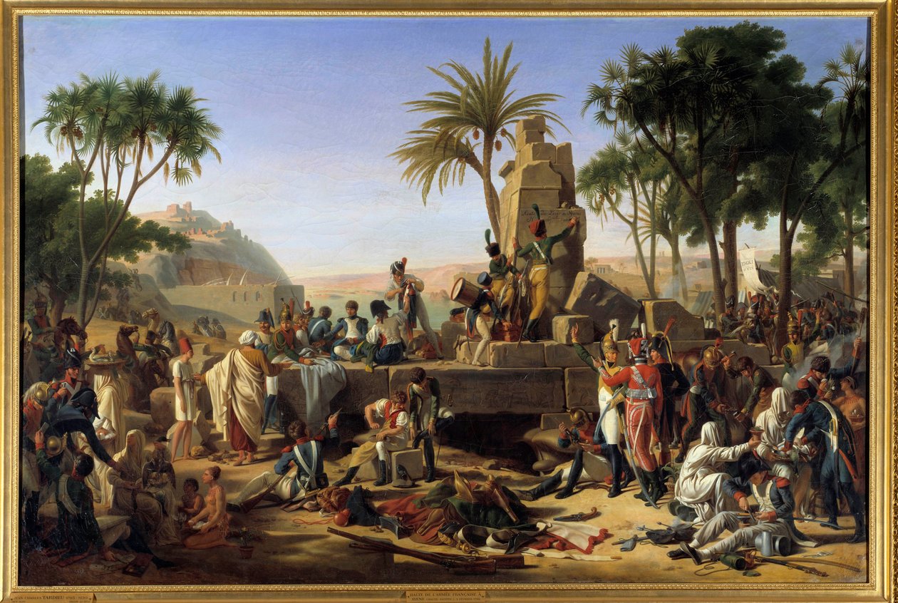 Kampagne (Ekspedition) af Egypten (1798-1801): “” Stop den franske hær i Syene i Øvre Egypten, 2/02/1799”” Soldaterne hviler. Maleri af Jean Charles Tardieu dit Tardieu Cochin (1765-1830). 1812. Dim. 1,12x1,64 m. af Jean Charles Tardieu