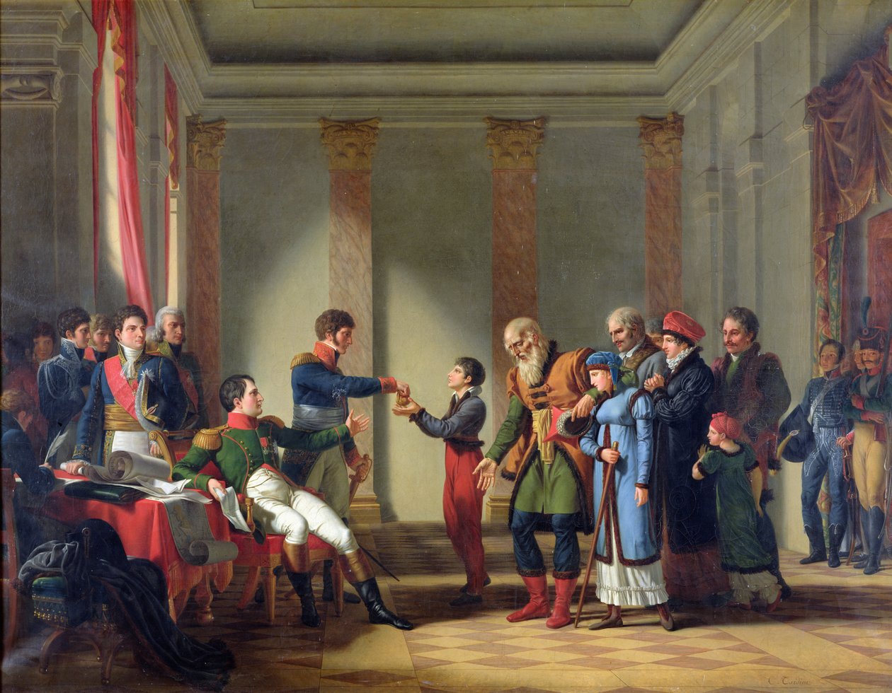 Napoleon Bonaparte (1769-1821) Giver en pension på hundrede Napoleons til polakken, Merecki, alder 117 år, januar 1807, 1812 af Jean Charles Tardieu