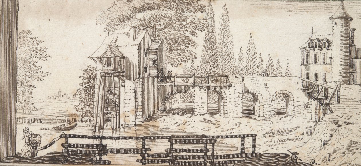 Rustik Scene med Mølle og Dam af Jean Chaufourier
