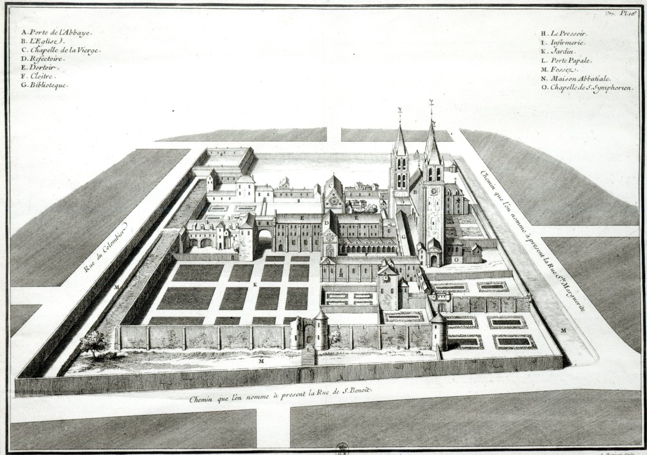 Udsigt over klosteret Saint-Germain-des-Pres før 1640, graveret af Antoine Herisset (1685-1769) af Jean Chaufourier