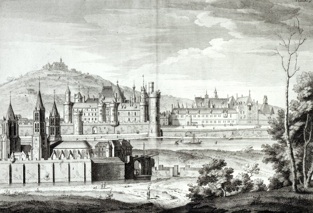 Udsigt over klosteret Saint-Germain-des-Pres, Louvre, Petit Bourbon, Montmartre og Seinen i 1410, indgraveret af Antoine Herisset (1685-1769) af Jean Chaufourier