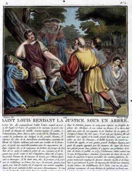 Saint Louis (1215-70) gør retfærdighed under et træ, graveret af Jean Baptiste Morret (fl. 1790-1820) 1789 (farvet gravering) af Jean Claude (after) Naigeon