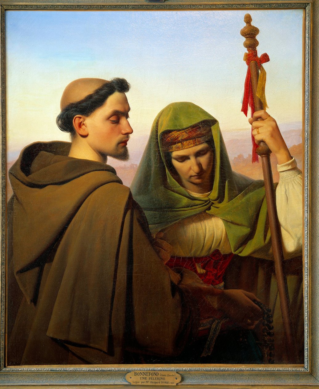En pelerine understøttet af en kapuciner. Maleri af Claude Bonnefond (1796-1860) af Jean Claude Bonnefond
