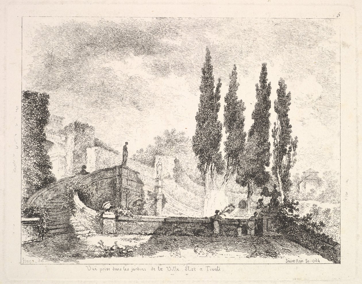 Udsigt over haverne ved Villa dEste i Tivoli, cyperns træer til højre, en trappe fører..., 1764. af Jean Claude Richard Saint Non
