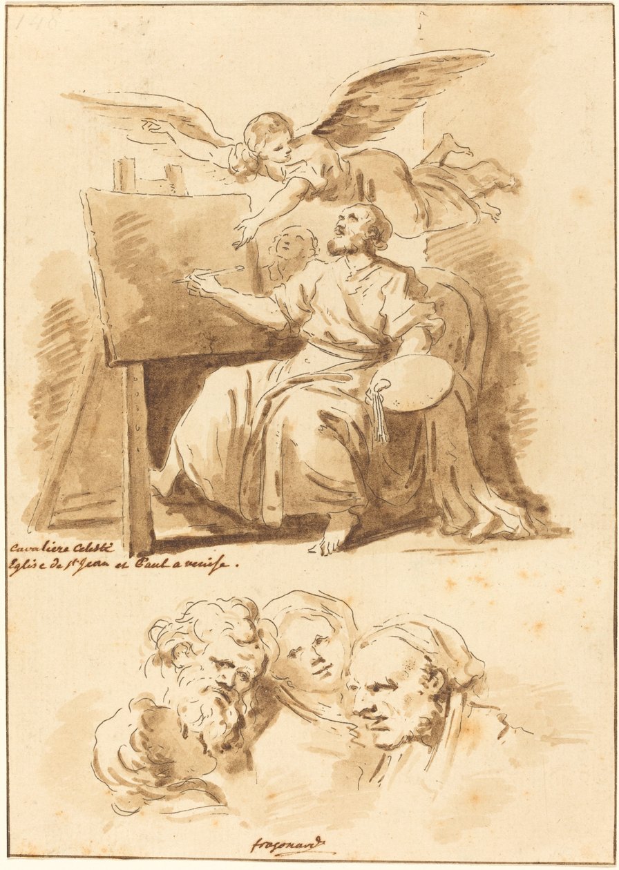 Sankt Lukas ved sit staffeli og fire udtryksfulde hoveder af Jean Claude Richard de Saint Non after Jean Honoré Fragonard after Andrea Celesti