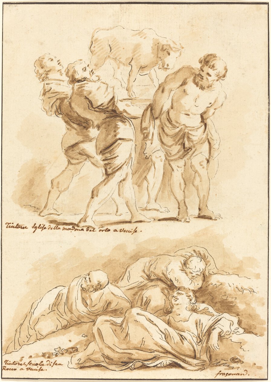 Tilbedelse af guldkalven og Kristus på Oliebjerget af Jean Claude Richard de Saint Non after Jean Honoré Fragonard after Jacopo Tintoretto