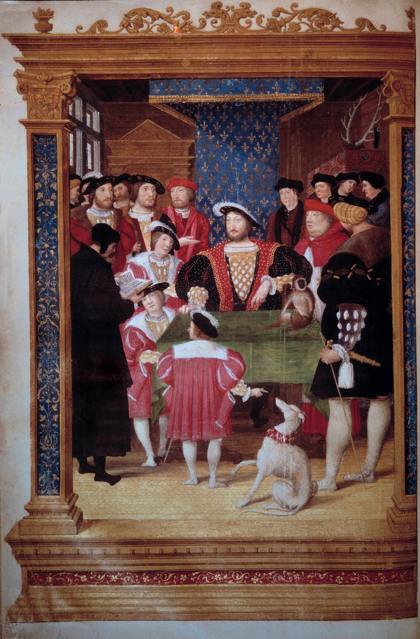 Antoine Macault læser sin oversættelse for kong Francois I (1494-1547) og for hans hof Kongen er omgivet af sine sønner Francois, Henri (fremtidige Henrik II) og Charles. Til venstre, repræsentationer (fra venstre mod højre): Claude d