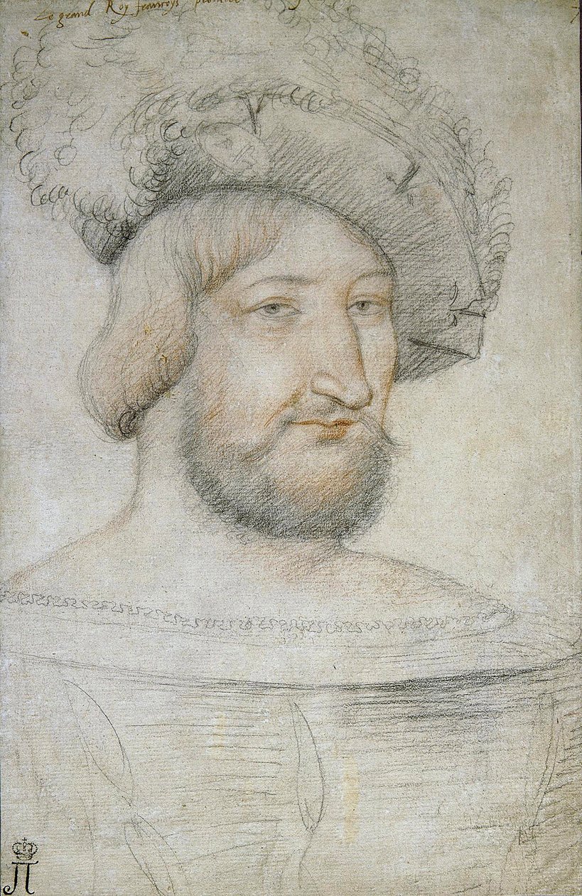 Portræt af Frans I (1494-1547), konge af Frankrig par Clouet, Jean (ca. 1485-1541). Sort kridt og sangvin på papir, størrelse: 29,3x19,1, første halvdel af 1500-tallet, State Hermitage, St. Petersburg af Jean Clouet