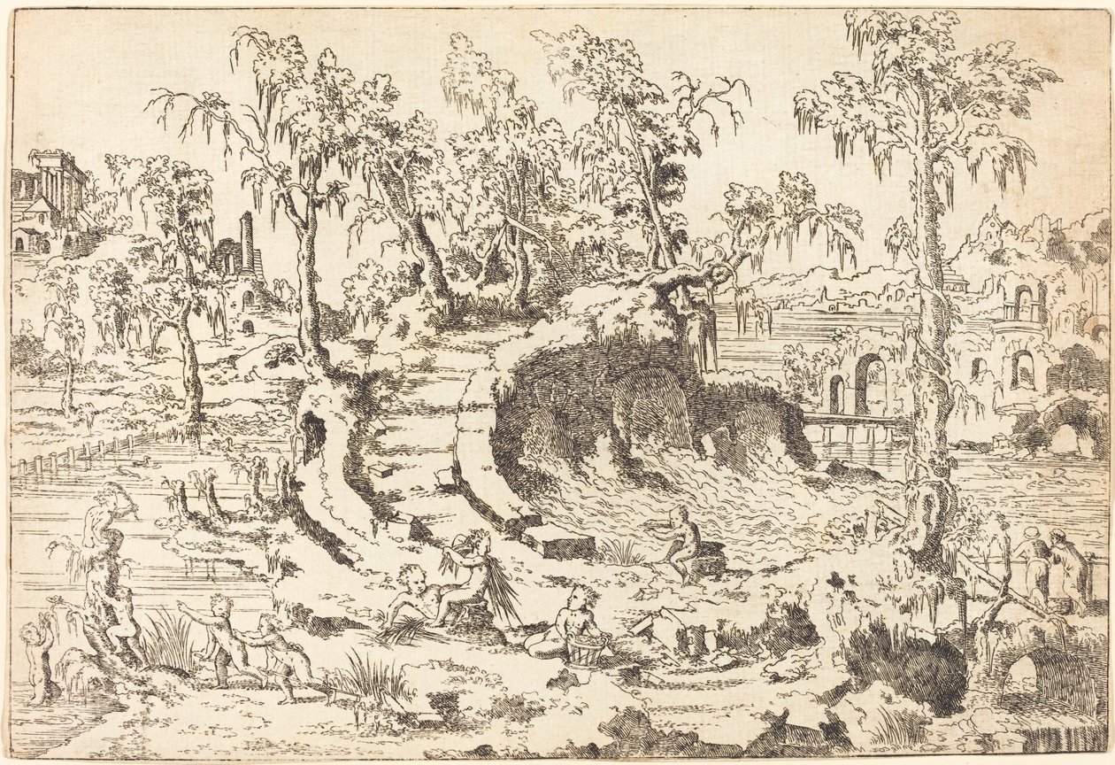 Putti leger i et fantasifuldt landskab af Jean Cousin the Younger