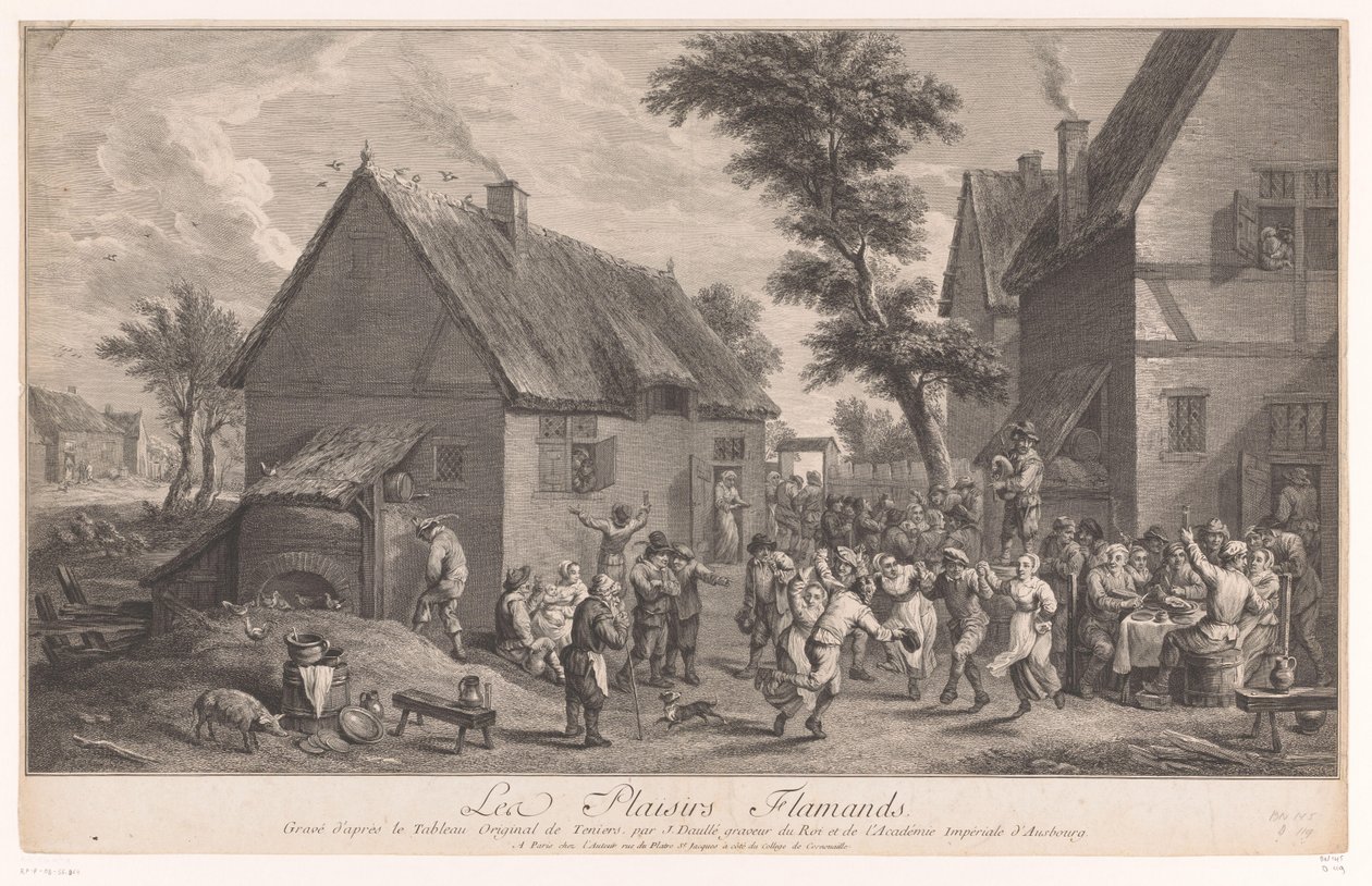 Dansende mennesker foran en kro Les Plaisirs Flamands af Jean Daullé