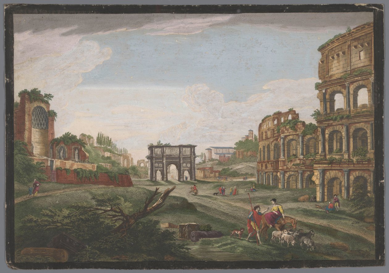 Udsigt over ruinerne af Konstantinbuen og Colosseum i Rom Rome ancienne (titel på objekt) af Jean Daullé
