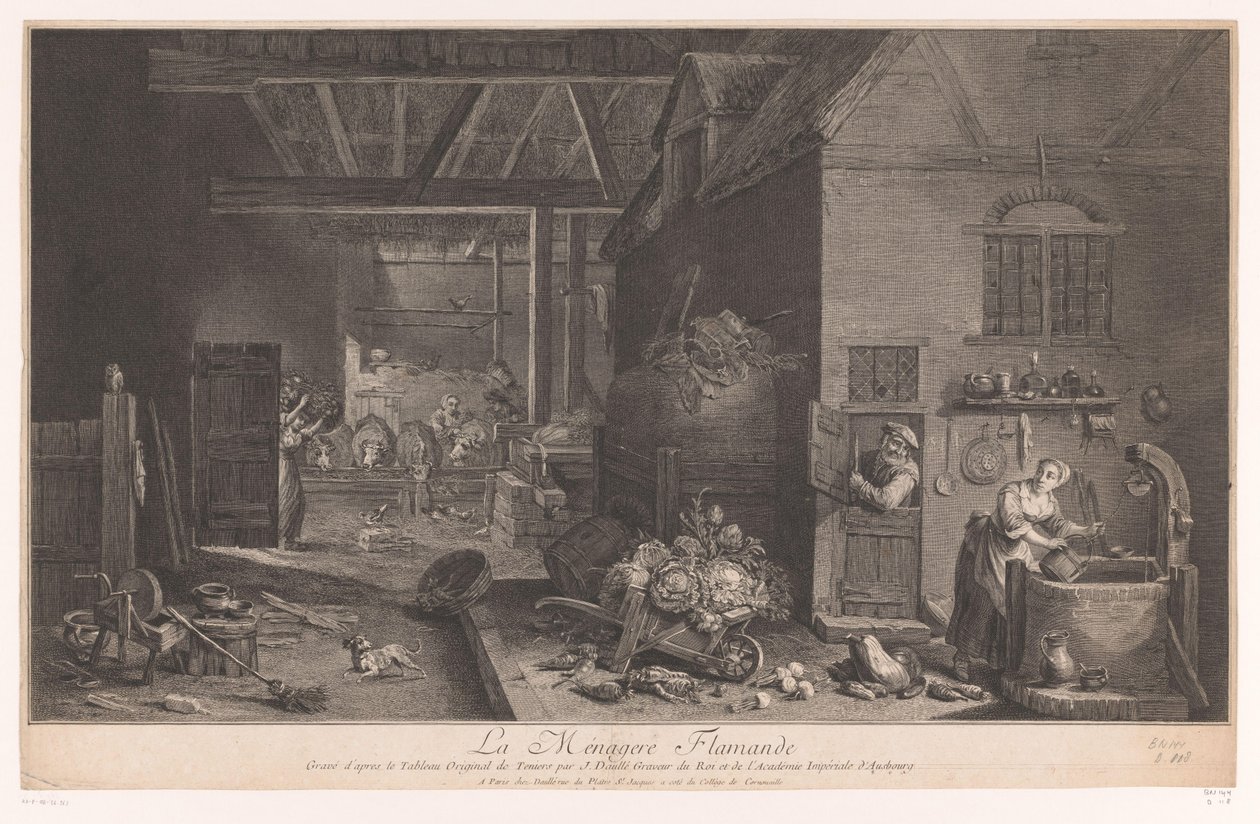 Interiør af et bondehus La Ménagere Flamande (titel på objekt) af Jean Daullé