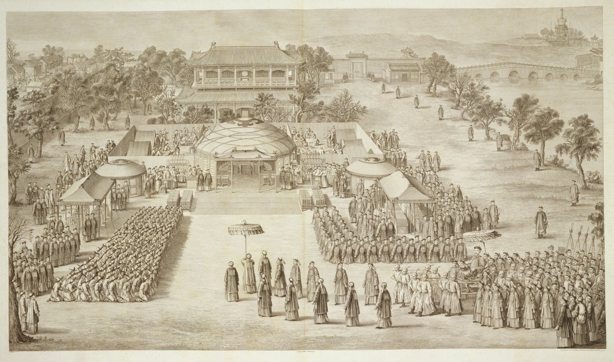 Kejser Qianlong modtager hyldest fra de erobrede Eleuths (tatariske kalmukker) plade 2 fra en serie af tryk, der forestiller den kinesiske kejsers erobringer, graveret af Jacques Philippe Le af Jean Denis Attiret