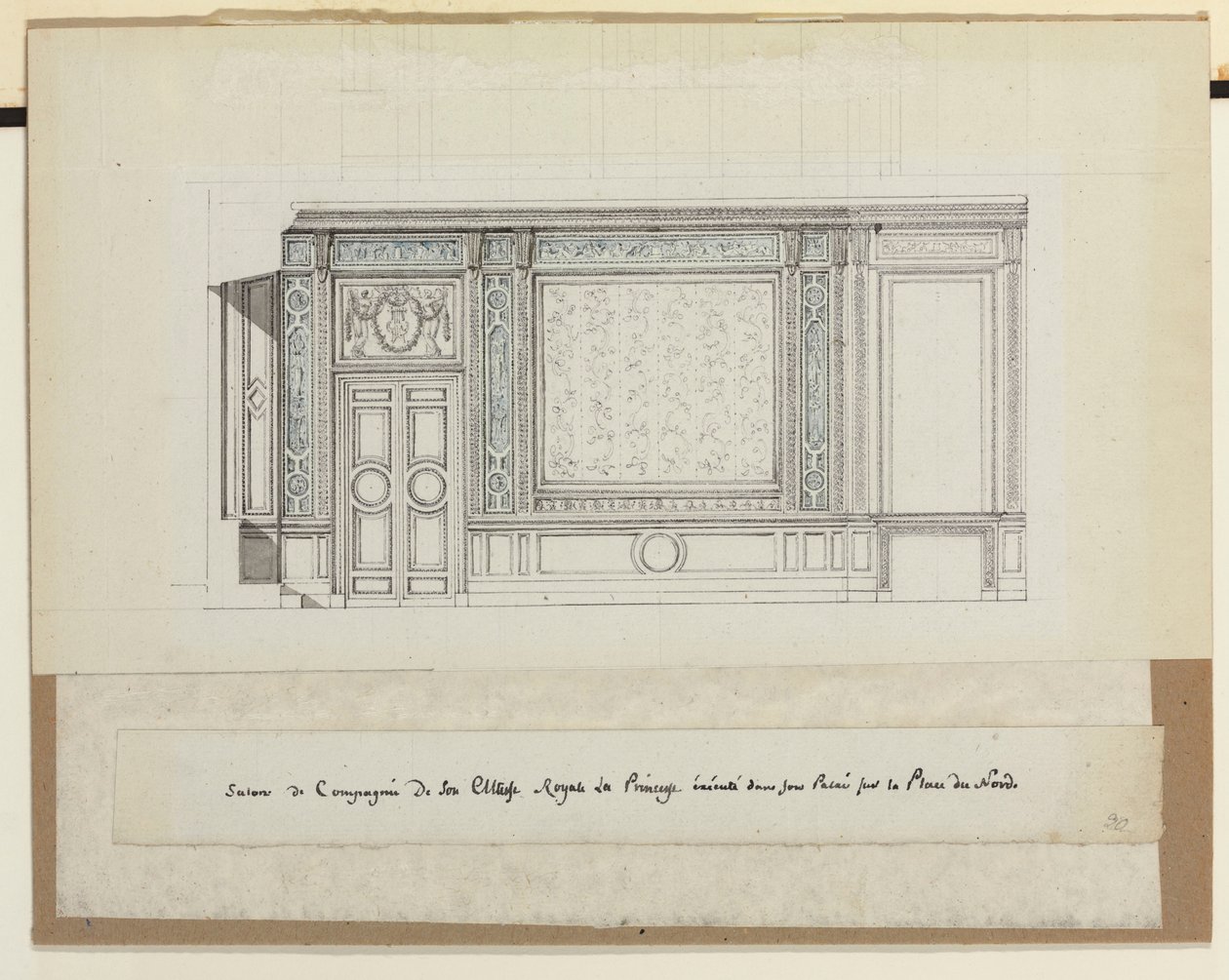 Design til vægdekorationer til Salon de Compagnie (blyant, pen & blæk og vask på papir) af Jean Desmosthene (attr. to) Dugourc