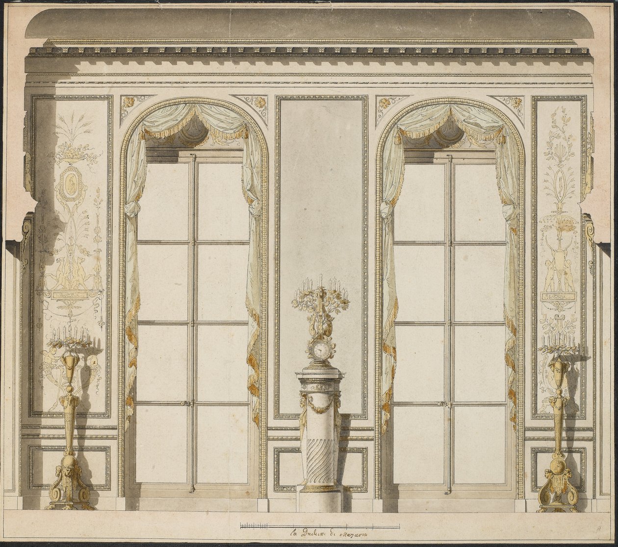 Arkitektonisk projekt for Grande Galerie på Hotel de Madame de Mazarin i Paris (pen & blæk og w/c på papir) af Jean Desmosthene Dugourc