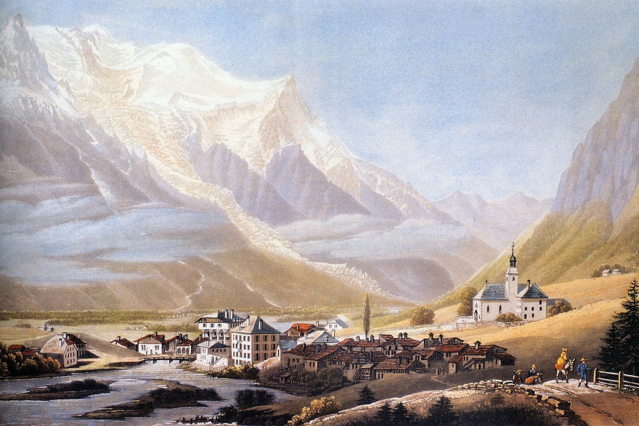 Chamonix-dalen og Mont-Blanc-massivet, ca. 1810 (gravering) af Jean Dubois