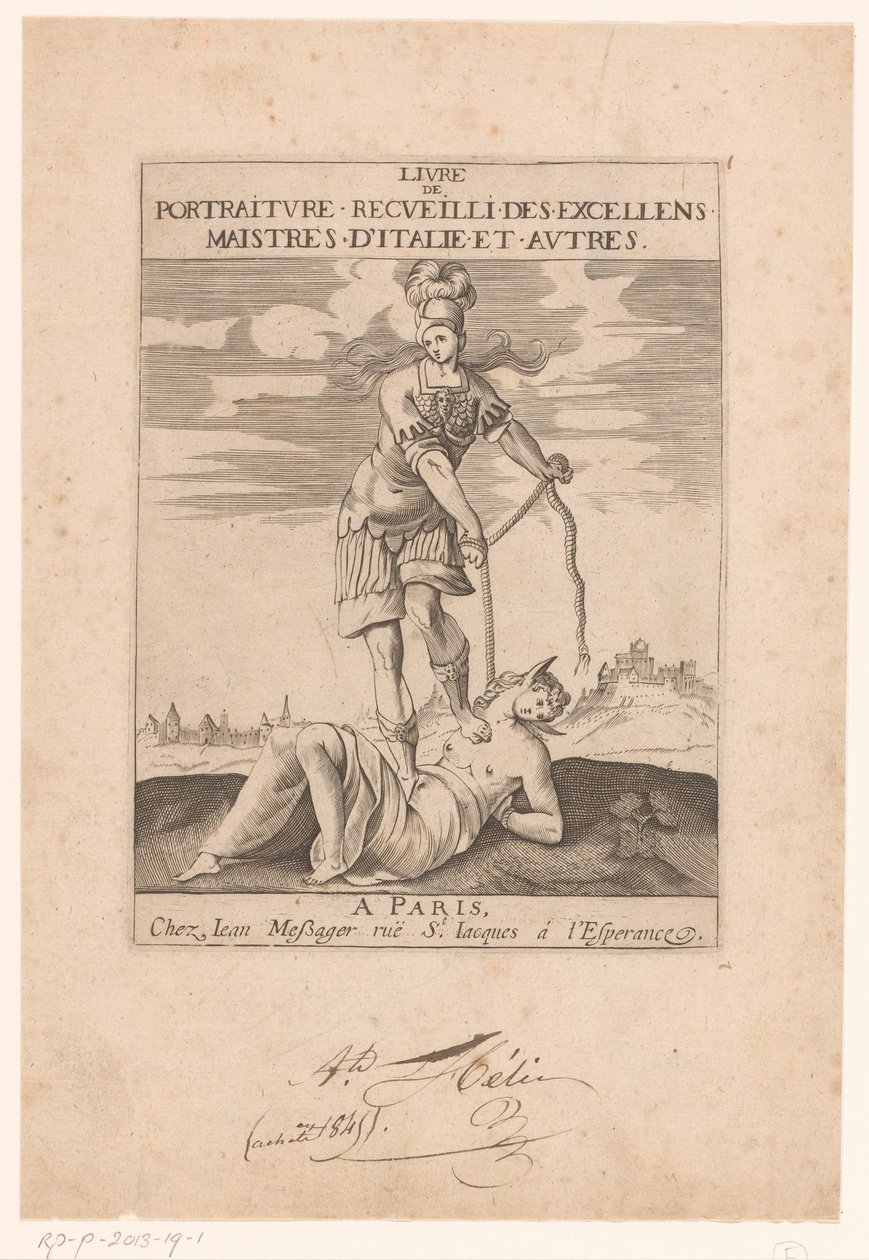 Minerva binder Stupidity med et reb Titelblad for: s.n., Livre de portraiture receuilli des excellens maistres d