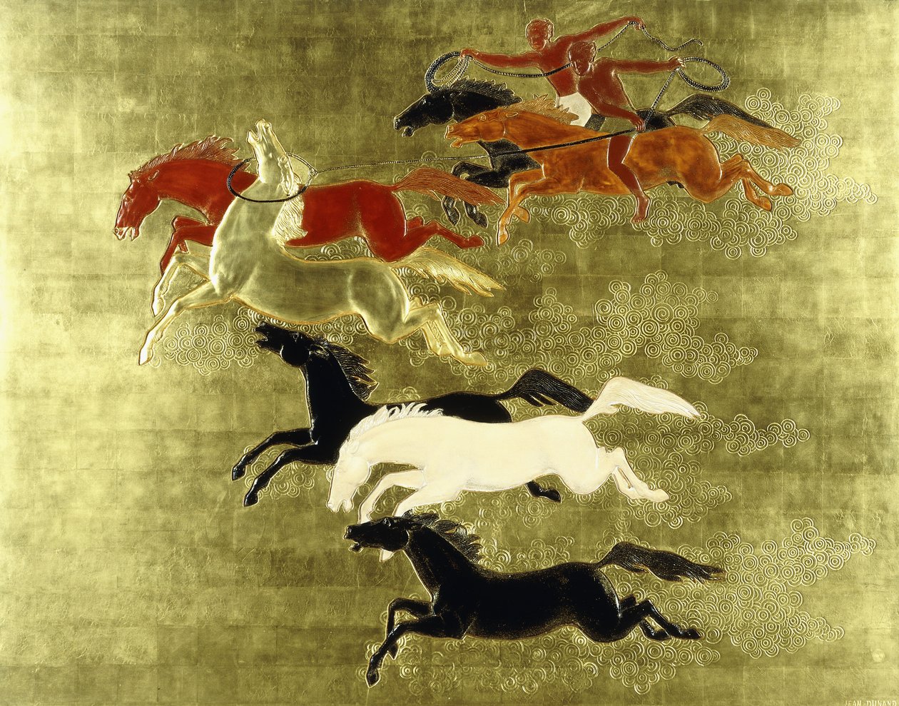Erobring af Hesten; La Conquete du Cheval, ca. 1934 (et lakeret og forgyldt panel) af Jean Dunand