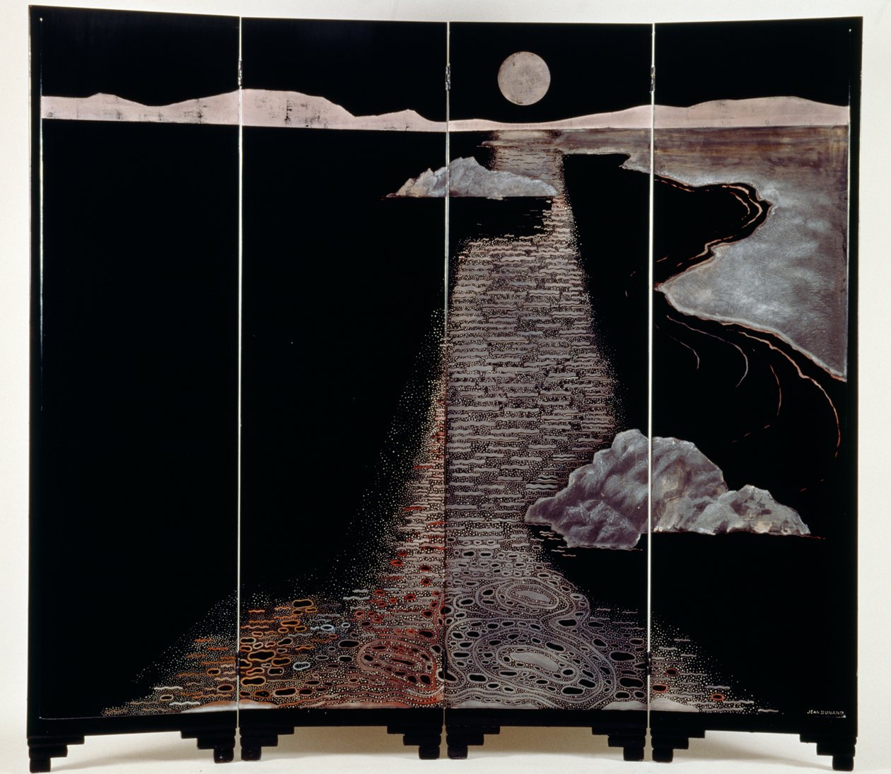 Månelys (Claire De Lune), skærm med fire paneler, 20. (lakeret sølv) af Jean Dunand