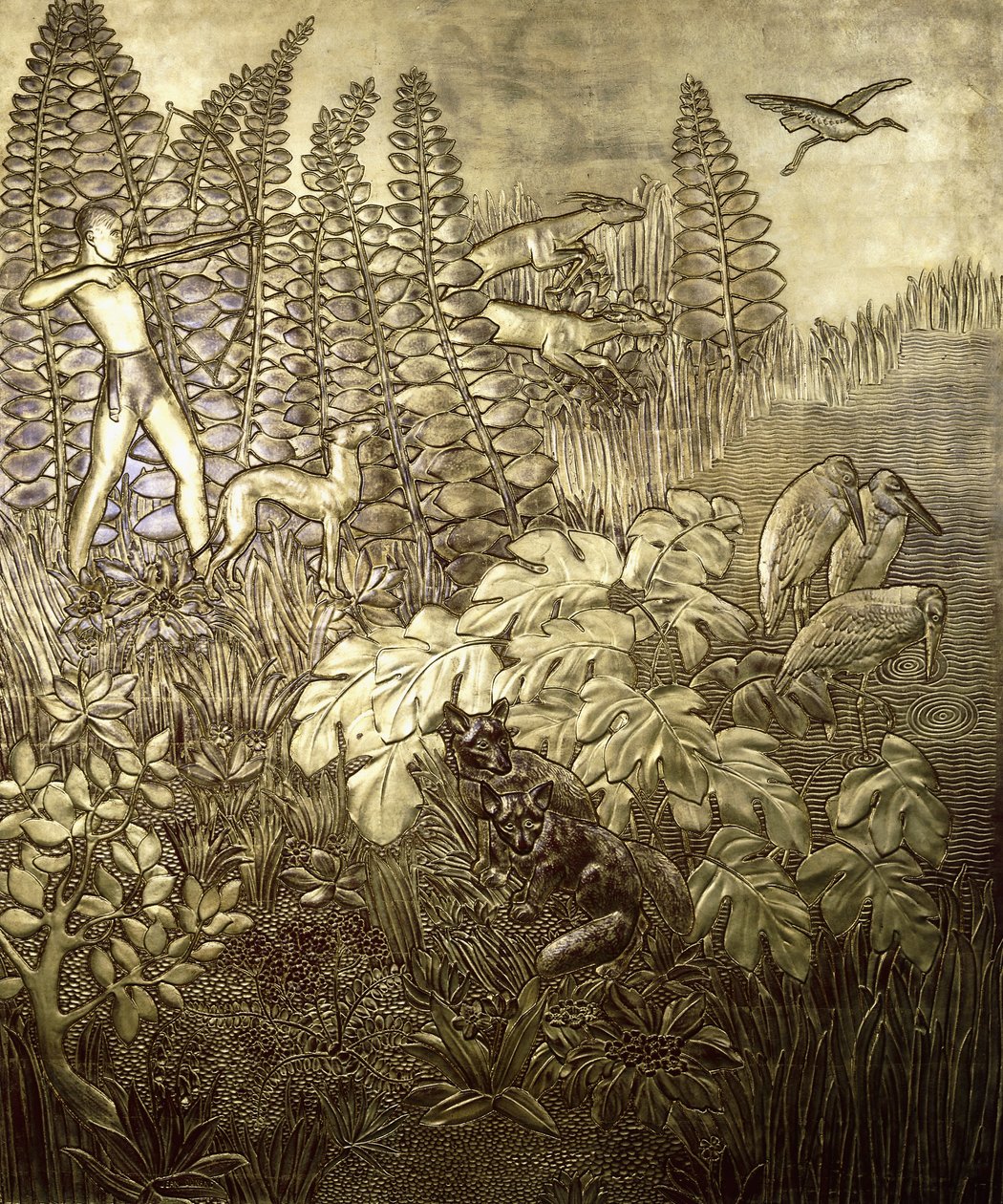 Jagten; La Chasse, ca. 1934 (forgyldt og lakeret træ) af Jean Dunand