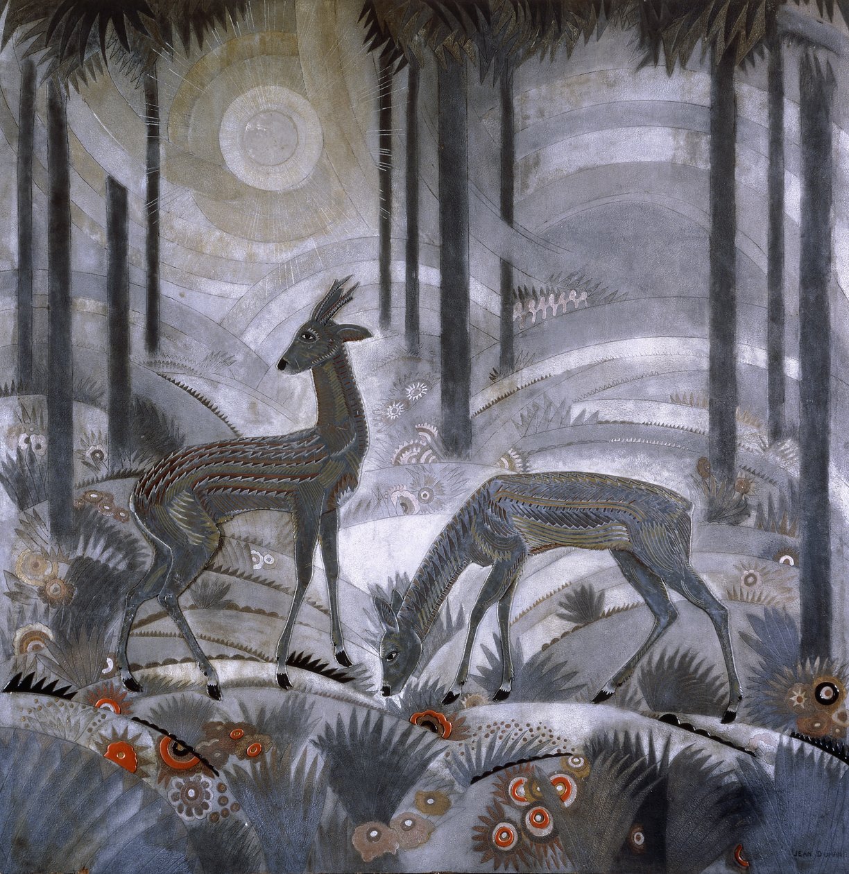 To hjorte i en skov, ca. 1929 (lakeret træpanel) af Jean Dunand