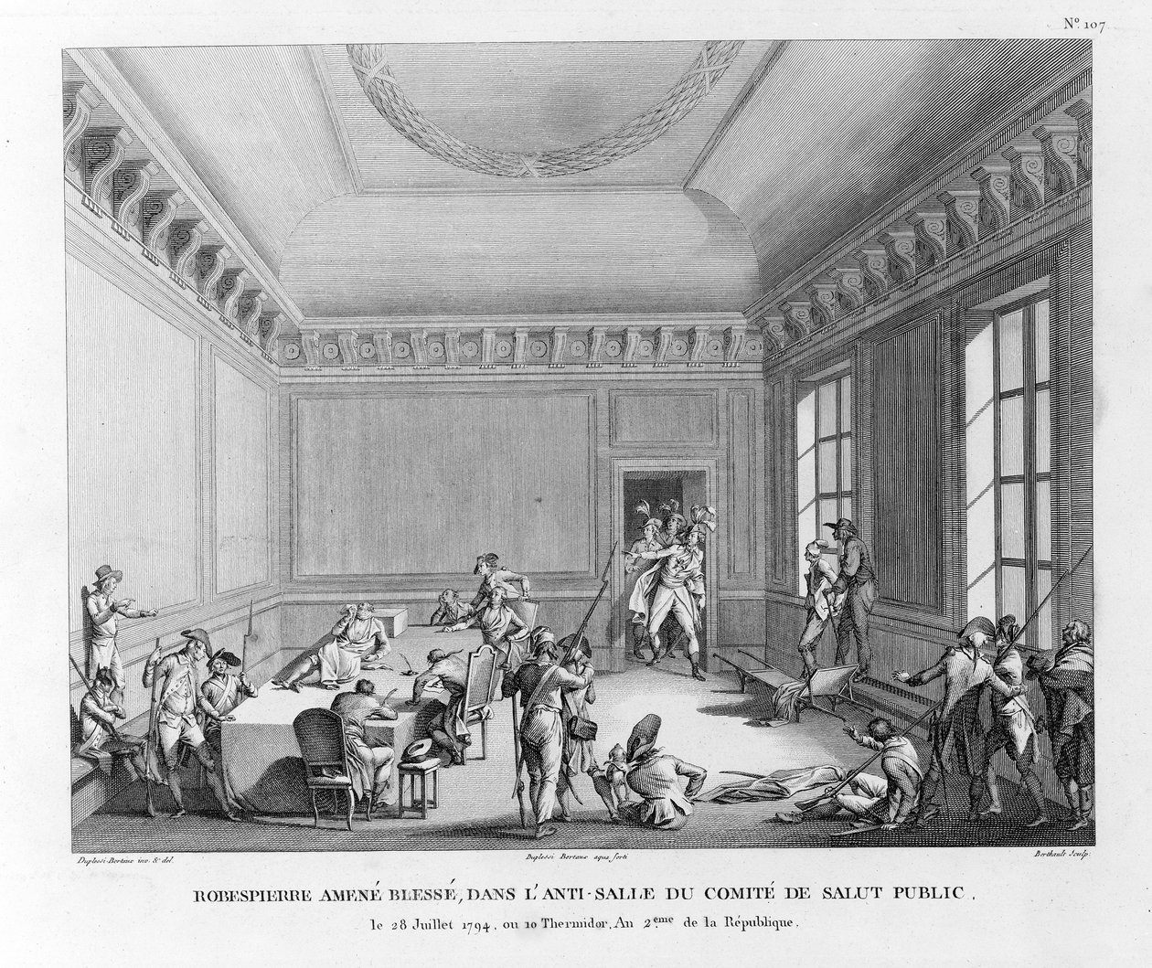 Robespierre indbragte såret i anti-salen i Komitéen for Offentlig Sikkerhed den 28. juli 1794, engr. Af Pierre Gabriel Berthault (1748-1819) af Jean Duplessi Bertaux