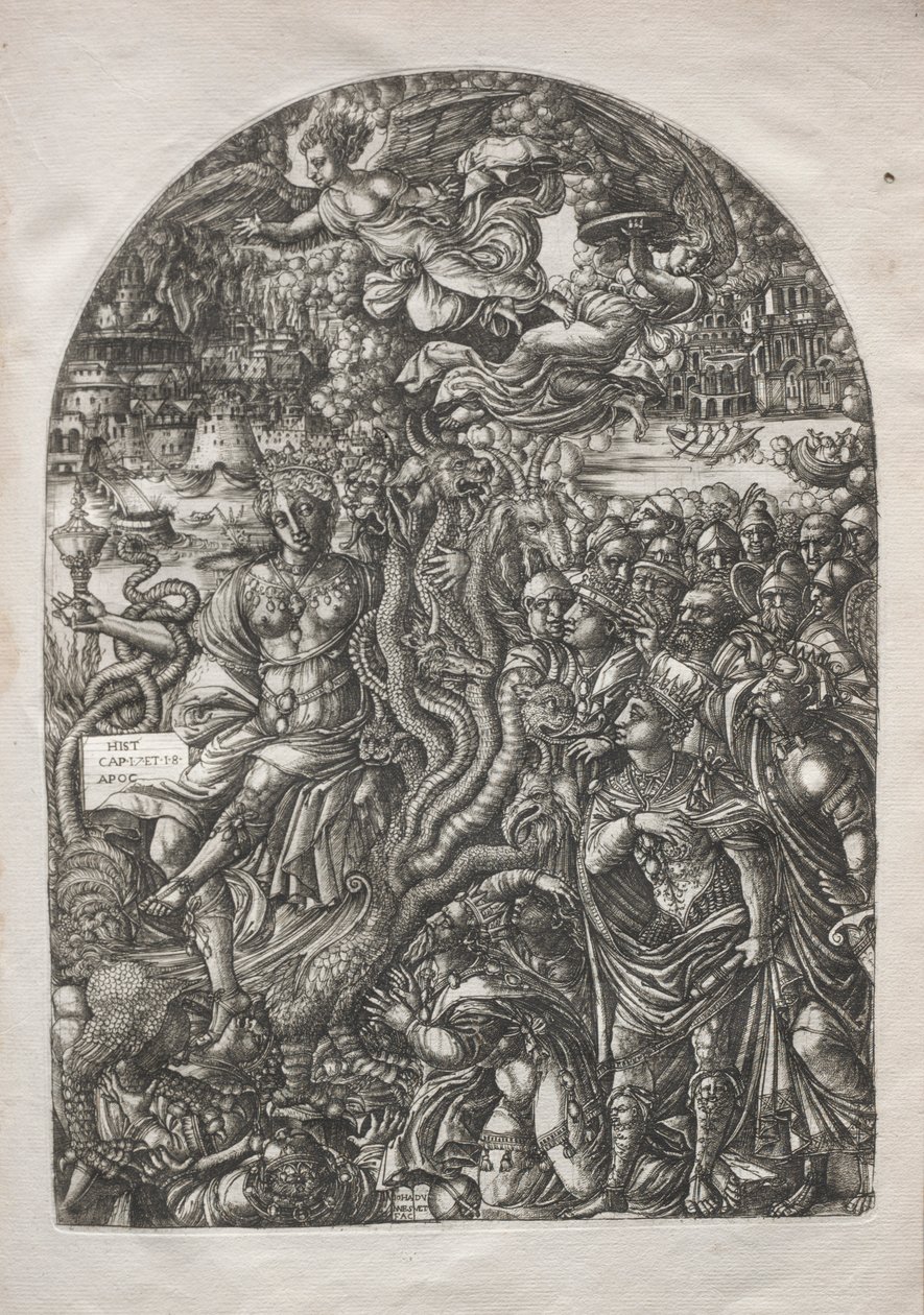 Apokalypsen: Skøgen Babylon, siddende på det syvhovedede udyr, 1546-1556. af Jean Duvet
