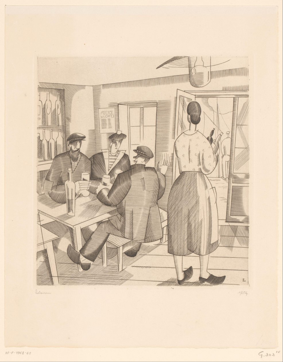 Cafe interiør med kunder og servitrice Cabaret Vendeen af Jean Emile Laboureur (signed by artist)