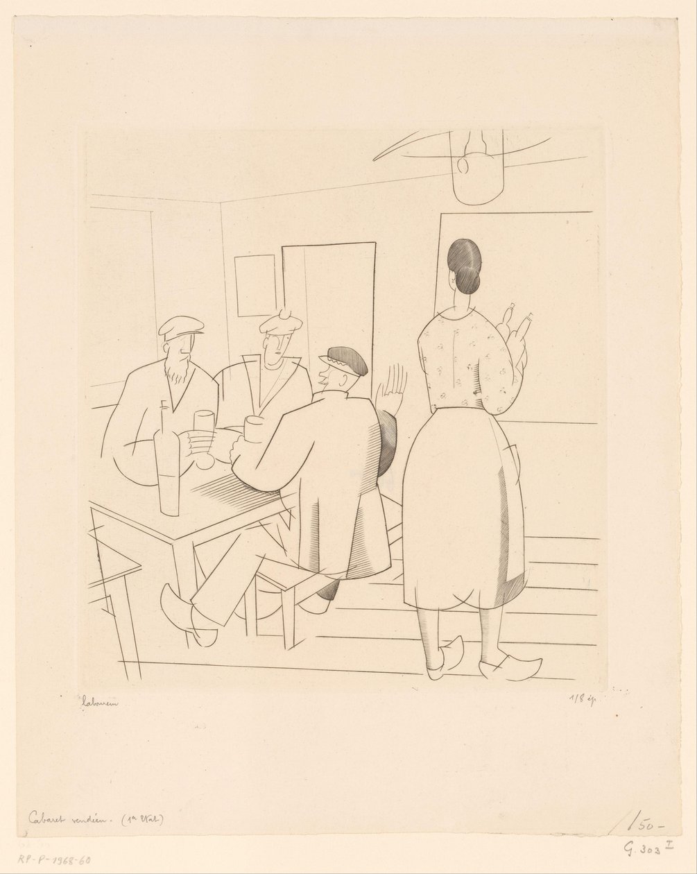 Cafe interiør med kunder og servitrice Cabaret vendéen (titel på objekt) af Jean Emile Laboureur (signed by artist)