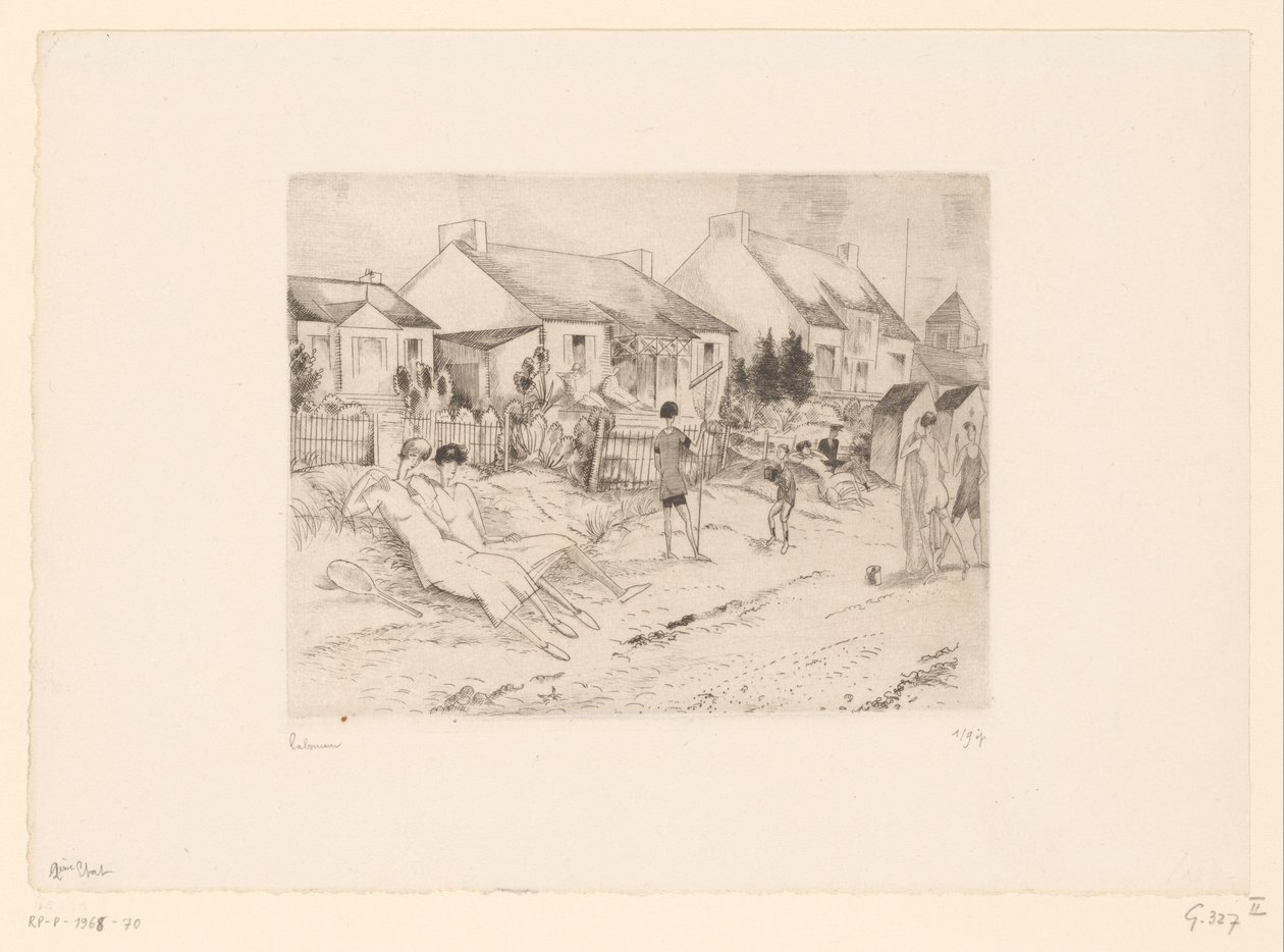 Tennisspillere hviler på stranden La petite plage (titel på objekt) af Jean Emile Laboureur (signed by artist)
