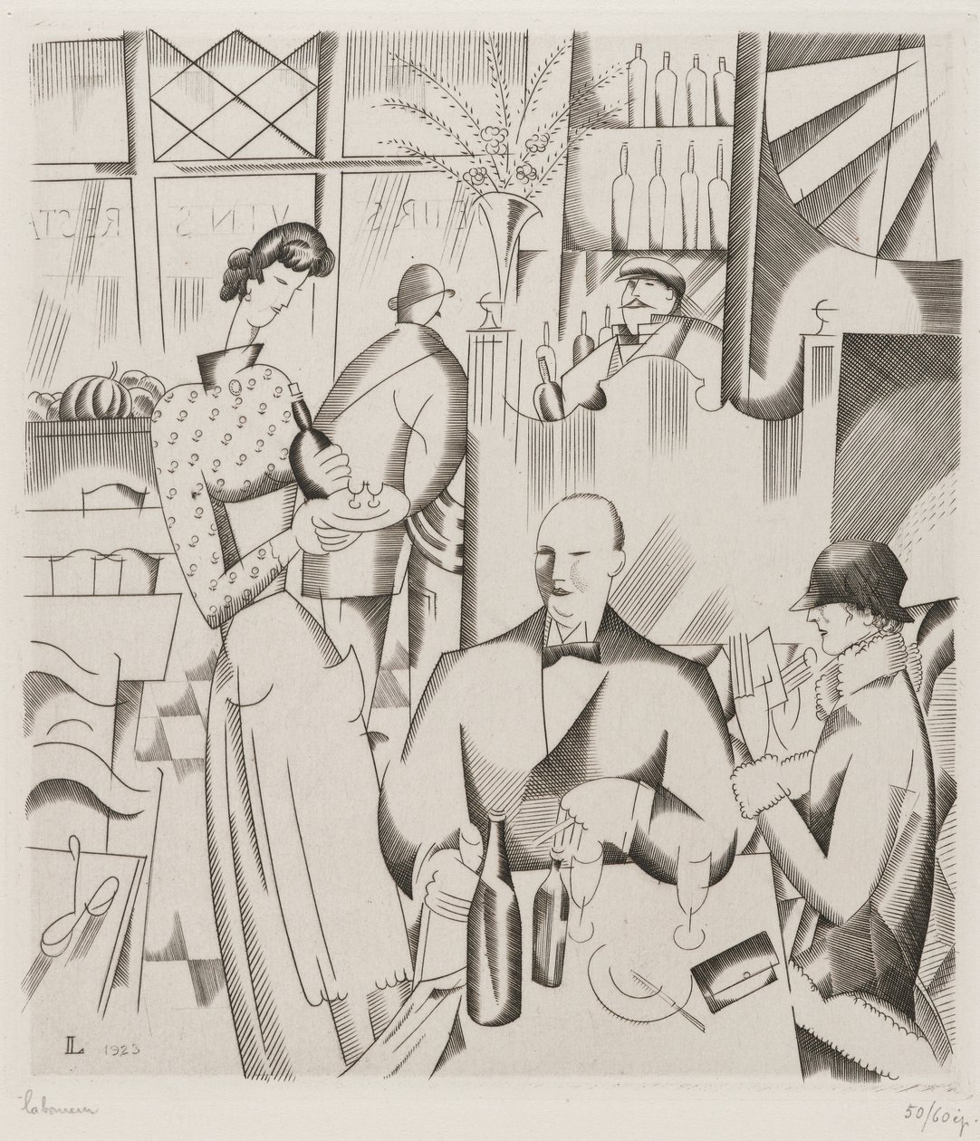 Middag på Bisto (Le diner chez le bistrot), 1923 (gravering på vævet papir) af Jean Emile Laboureur