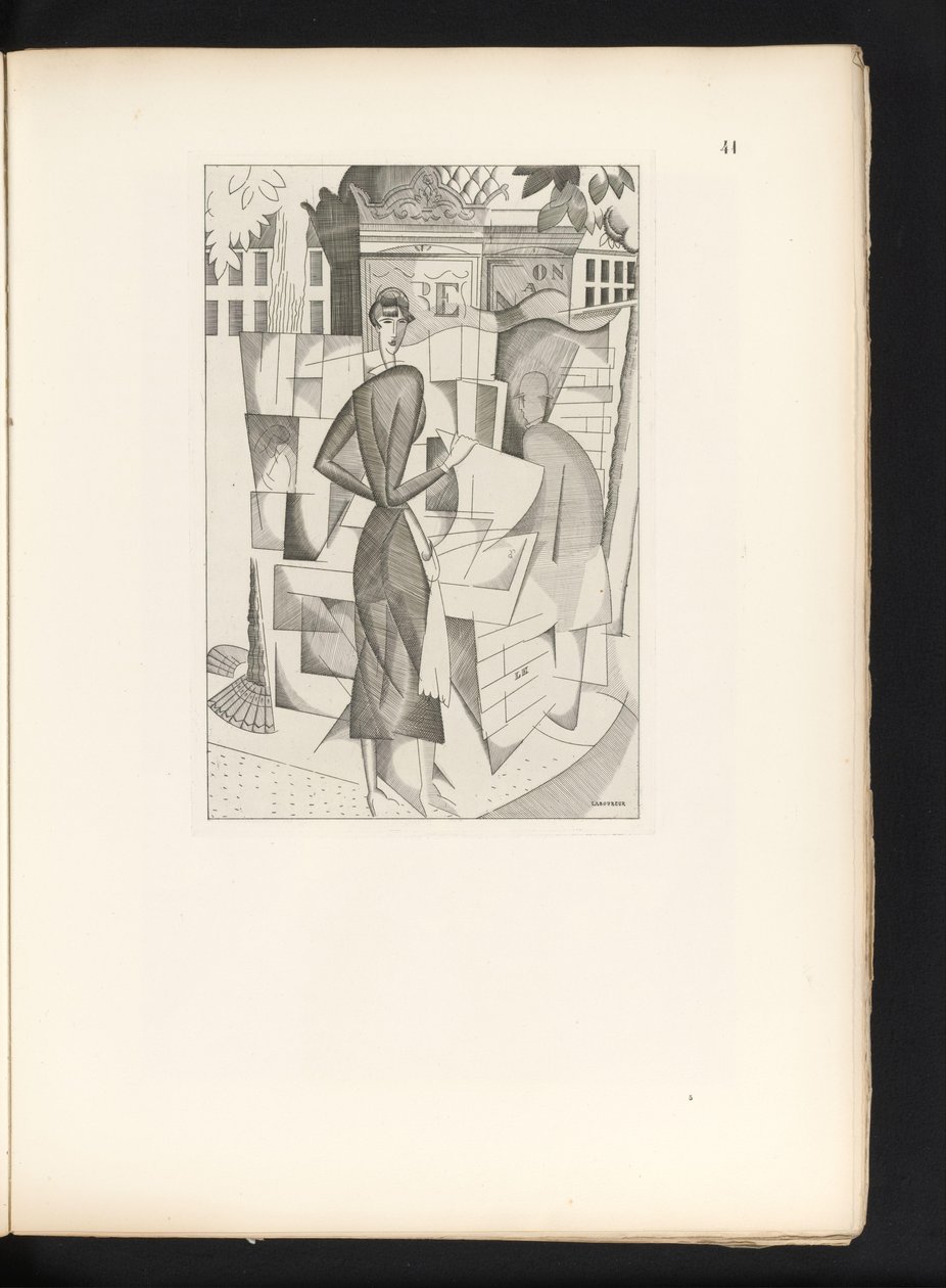 Mand og kvinde ved en aviskiosk Le kiosque a journaux (original titel) af Jean Emile Laboureur