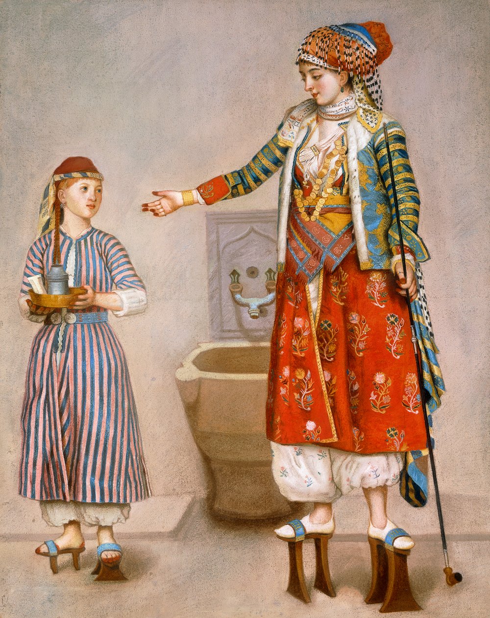 En kvinde i tyrkisk kostume i en hamam, der instruerer sin tjener, af Jean Étienne Liotard