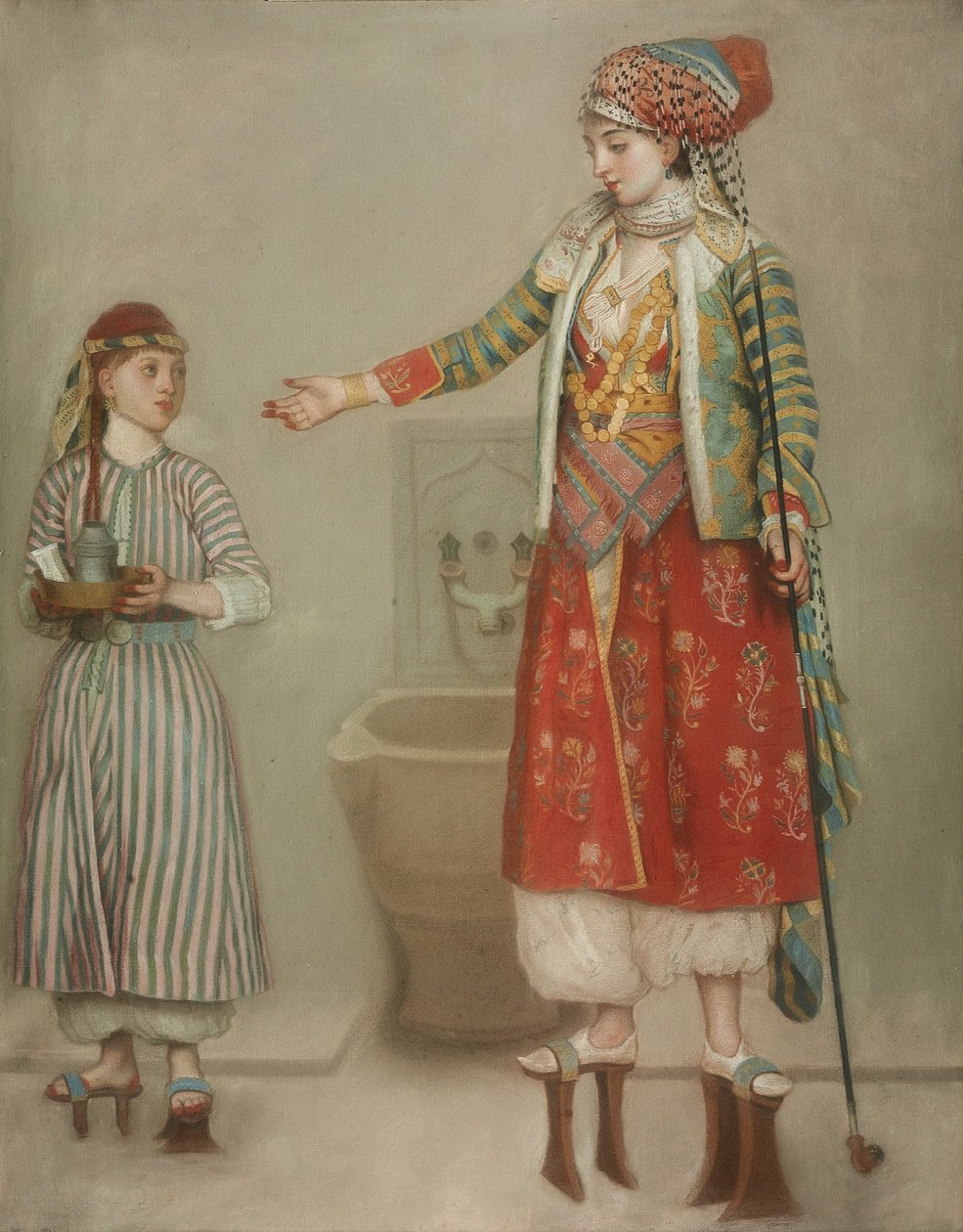 En dame i tyrkisk kostume med sin tjener ved hammam, midten af det 18. århundrede. af Jean Étienne Liotard