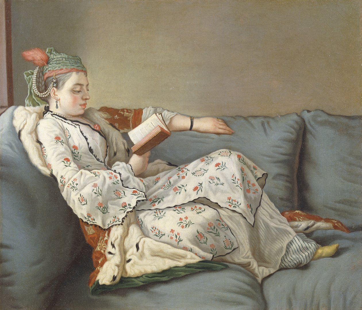 La Sultane Lisant", En dame i tyrkisk kostume læser på en divan, af Jean Étienne Liotard