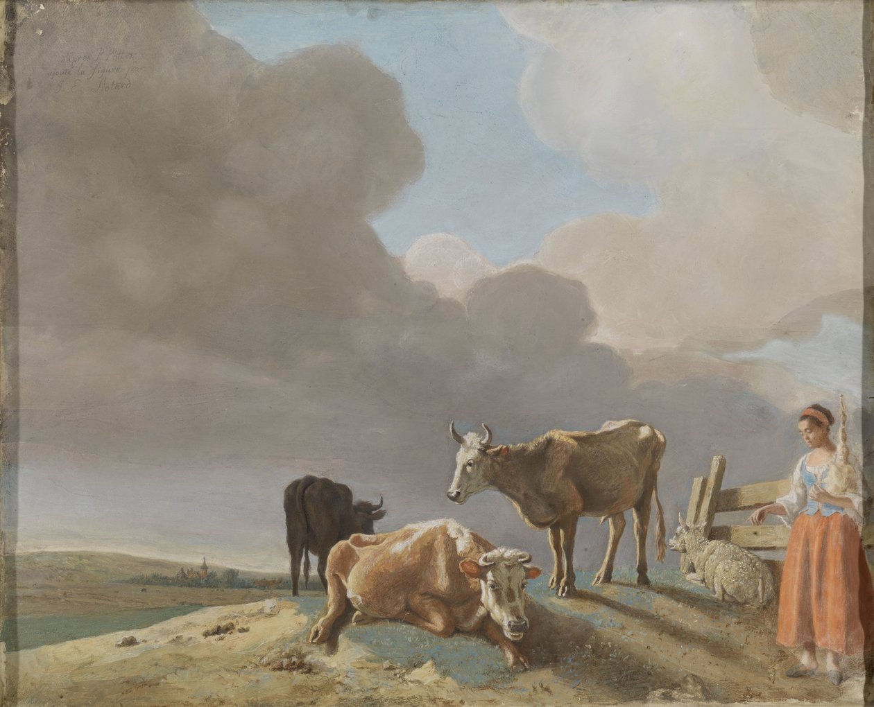 Landskab med køer, får og hyrdinde, modificeret kopi efter et maleri af Paulus Potter, hyrdinden kopieret fra et maleri af Karel Dujardin (recto); ufærdigt portræt af en mand (verso) af Jean Étienne Liotard