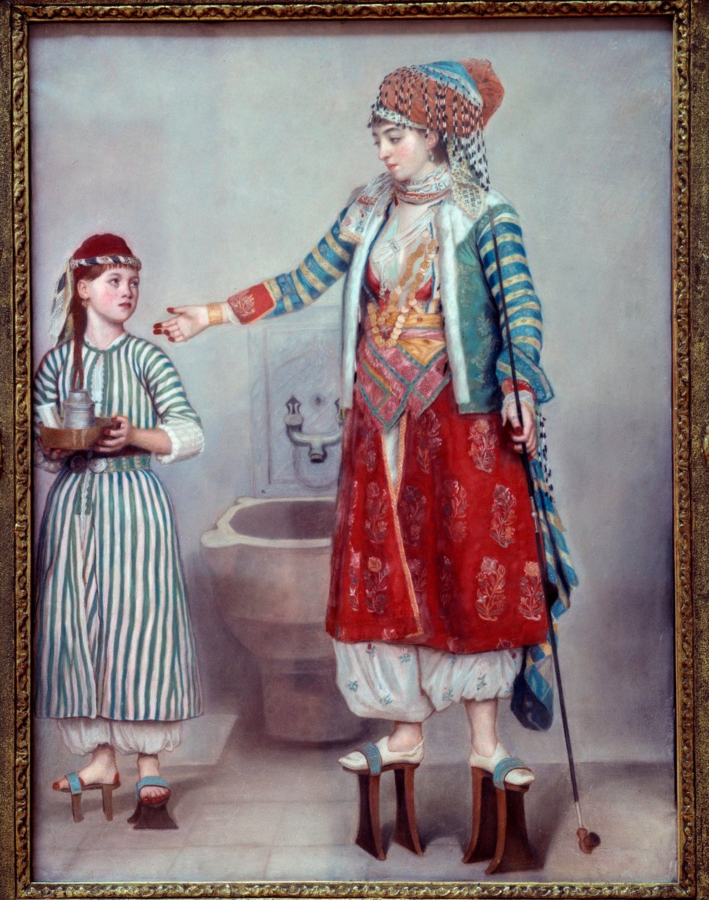 Orientalisme: "" Franco-dame klædt med tyrkeren og hendes slave"" De to kvinder bærer træplatforme, der bruges i hammam. Pastelmaleri af Jean Etienne Liotard (1702-1789) 1742 Dim. 0,71 x 0,53 m Geneve, musee d