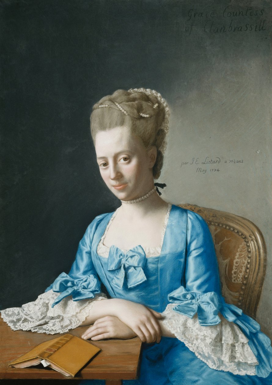Portrait of Grace, grevinde af Clanbrassil, født Foley, halvlængde, i en blå kjole, siddende ved et bord, hendes hænder krydset, 1774 af Jean Étienne Liotard