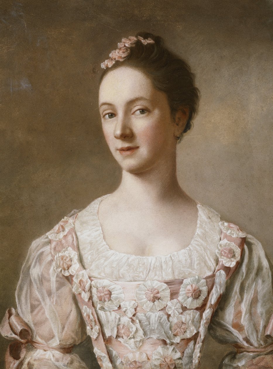 Portræt af en dame, halvlængde, i en lyserød og hvid kjole, af Jean Étienne Liotard