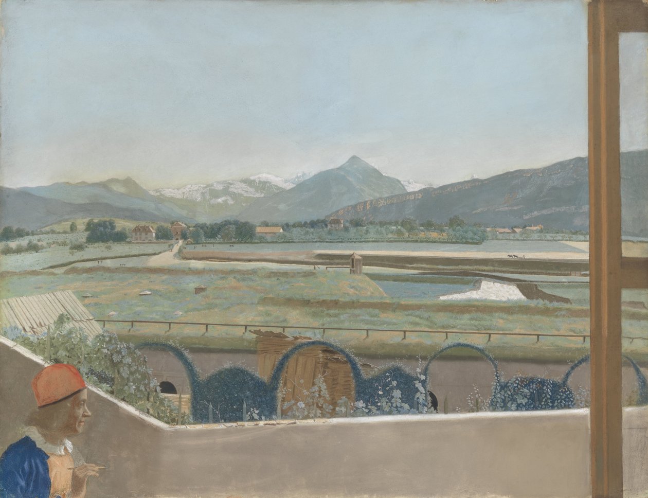 Udsigt mod Mont Blanc-massivet fra kunstnerens studie i Genève med et selvportræt Udsigt over Mont Blanc-massivet fra kunstnerens atelier i Genève, med selvportræt af Jean Étienne Liotard