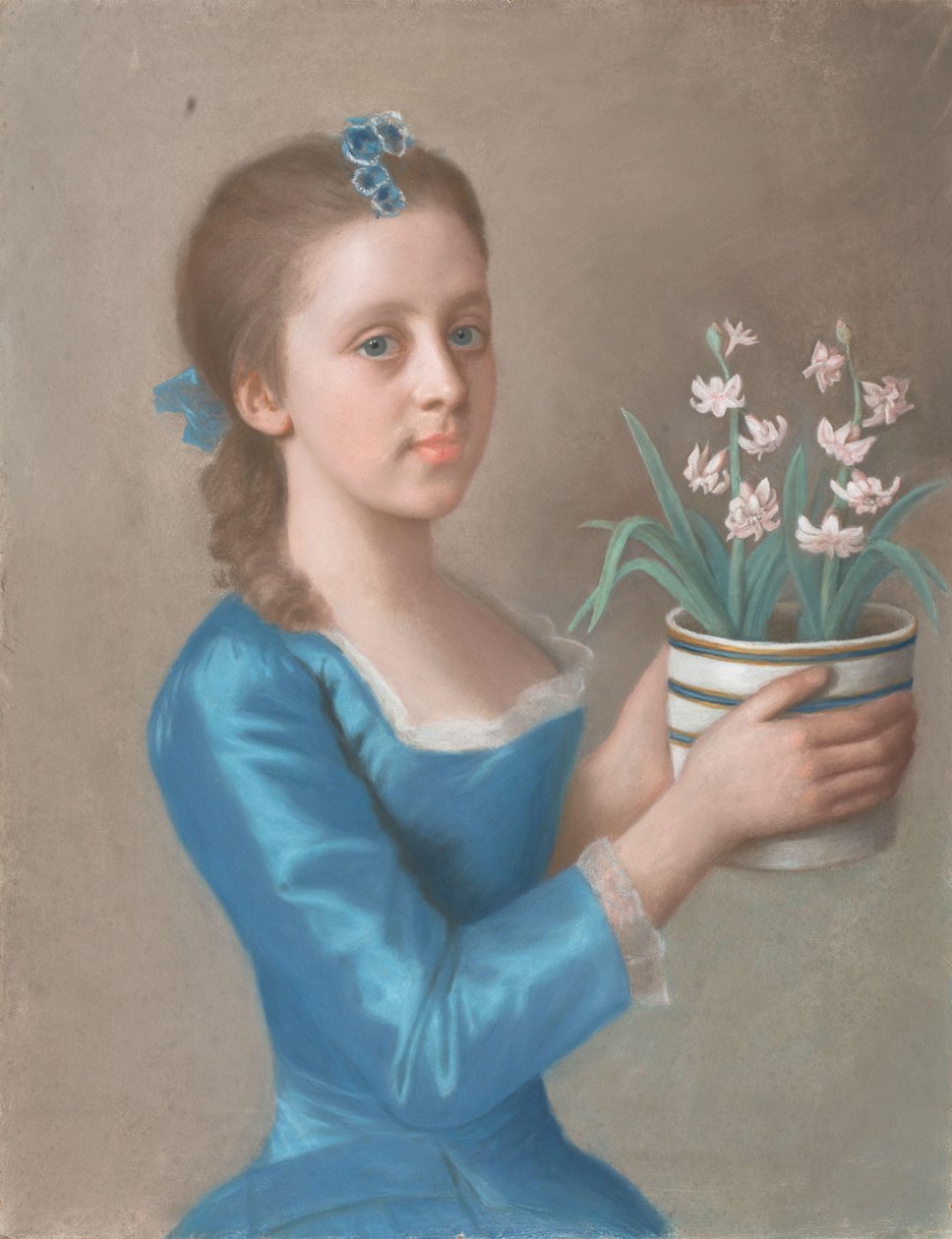 Ung pige holder en gryde med hyacinter Pige med en urtepotte af hyacinter (muligvis et portræt af Lady Caroline Russell, senere hertuginde af Marlborough) af Jean Étienne Liotard