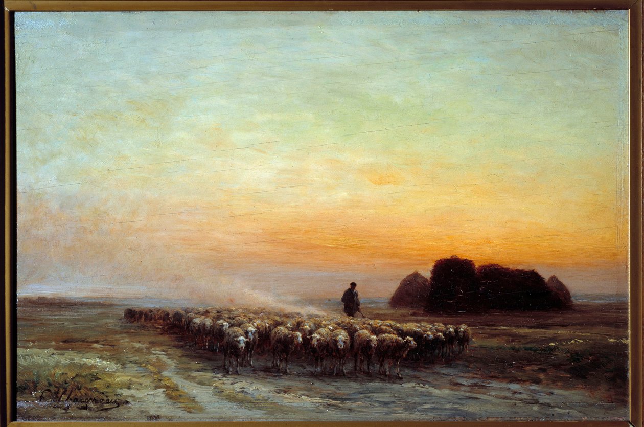 Fjord af får i støv. Maleri af Jean Ferdinand Chaigneau (1830-1906) af Jean Ferdinand Chaigneau