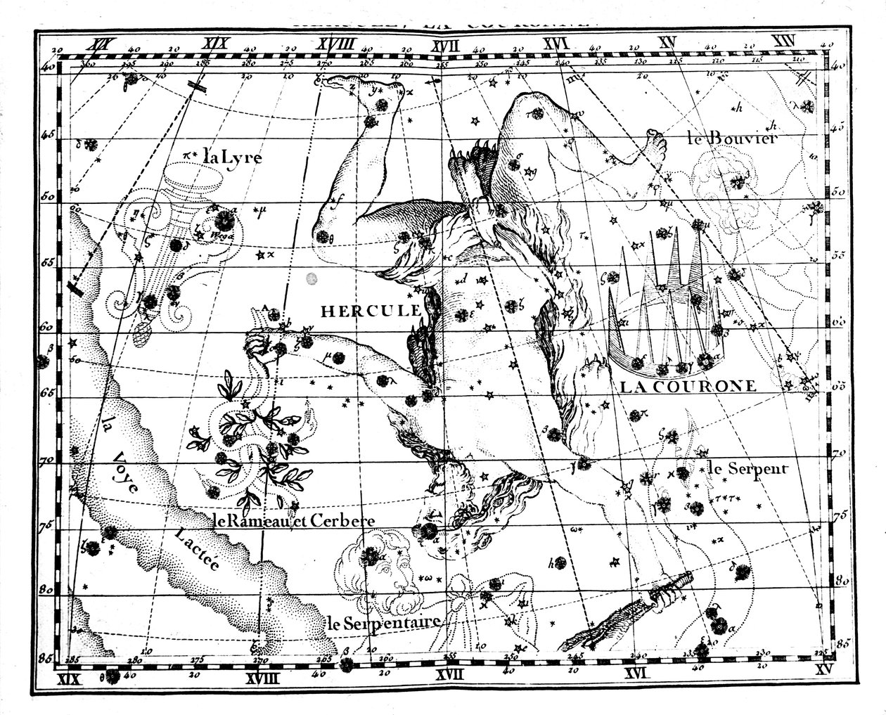 Astronomisk kort, centreret om stjernebilledet Hercules, 1775 af Jean Fortin
