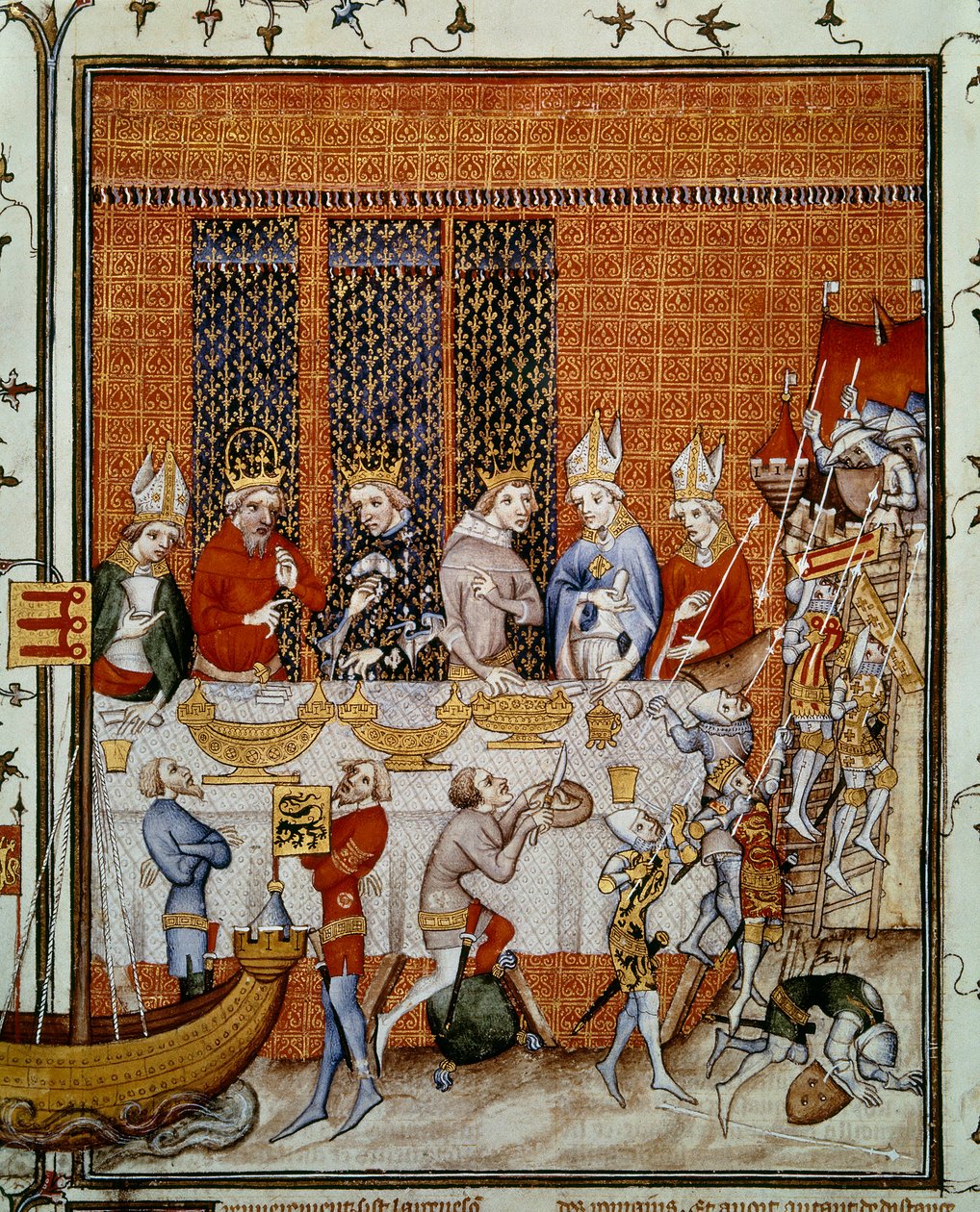 Banket tilbudt af kong Charles V af Frankrig (1338-1380) på Palace of the Cite til ære for kejser Charles IV (1316-1378) og Wencesla IV (1363-1419), konge af Boheme. Miniature fra "Great Chronicles of France" af Jean Fouquet (1420-1481), Paris, B.N. af Jean Fouquet
