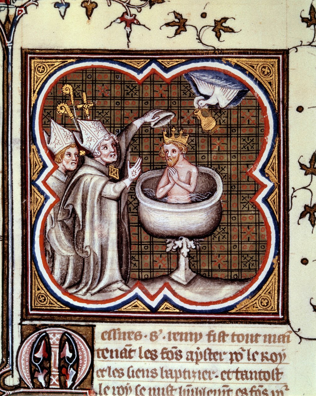 Bapteme of Clovis (466-511) af Saint Remy (Saint Remi) til Reims i 496: Helligånden bringer den hellige pære, der indeholder den hellige kerm, der bruges til salvelse af konger. Miniature i "" grandes chronicles de france" af Jean Fouquet (1420-1481) af Jean Fouquet